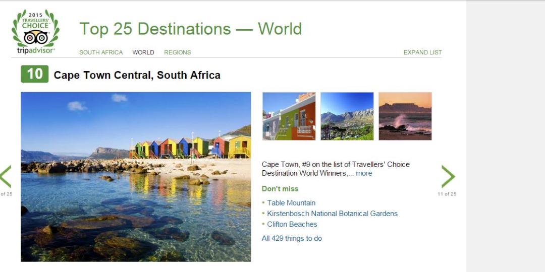 Cape Town has been cited the 10th best destination in the world.