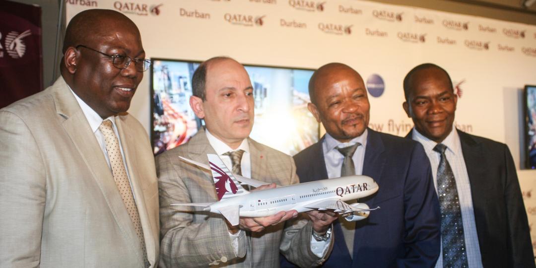 Pictured here at the launch (from left) are Mike Mabuyakhulu (KZN MEC Economic Development, Tourism and Environmental Affairs), Akbar Al Baker, Edward Senzo Mchunu and Councillor James Nxumalo (Mayor of Durban).