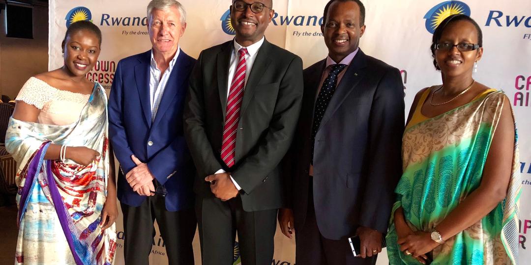 From left: RwandAir Customer Relations Manager, Olivia Ntambara; Holiday Aviation CEO, Gavin Simpson; RwandAir Country Manager South Africa, Thembela Dladla; Rwandan Ambassador to South Africa, Vincent Karega; and RwandAir Director of Quality Assurance, Sonia Kamikazi.