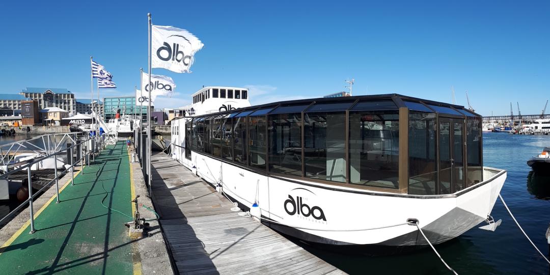 The Alba, Cape Town’s first fine-dining restaurant boat docked in the V&A Waterfront.