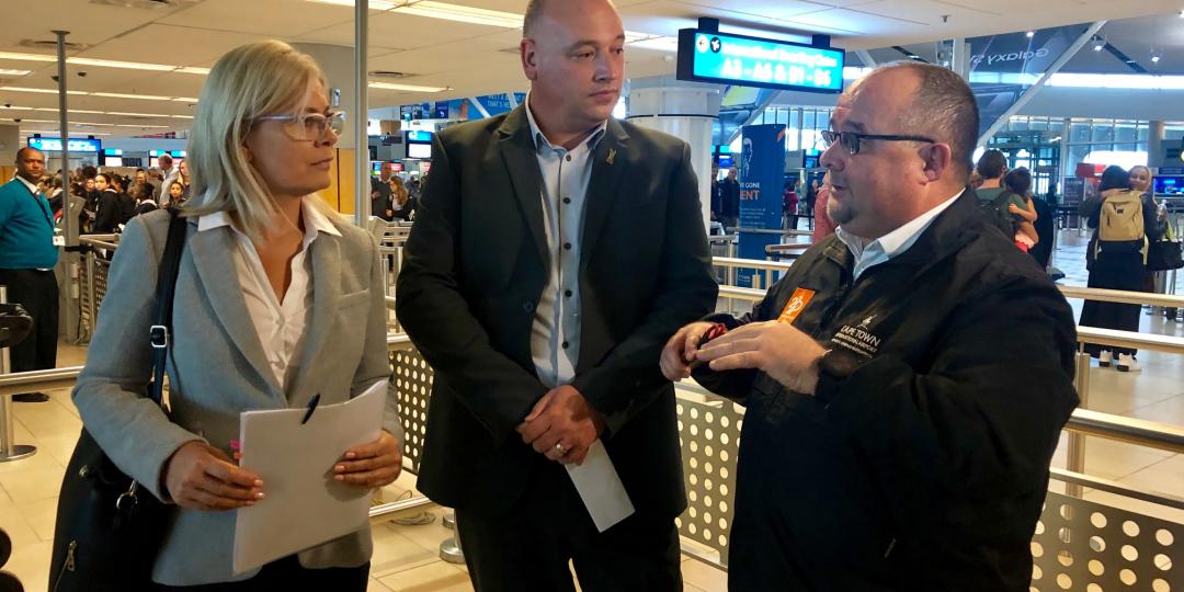 Conducting a site visit of future upgrades to CTIA  are (from left) Western Cape Economics Opportunity MEC Beverley Schäfer,  the City of Cape Town’s Mayoral Committee Member James Vos and GM Deon Cloete. 