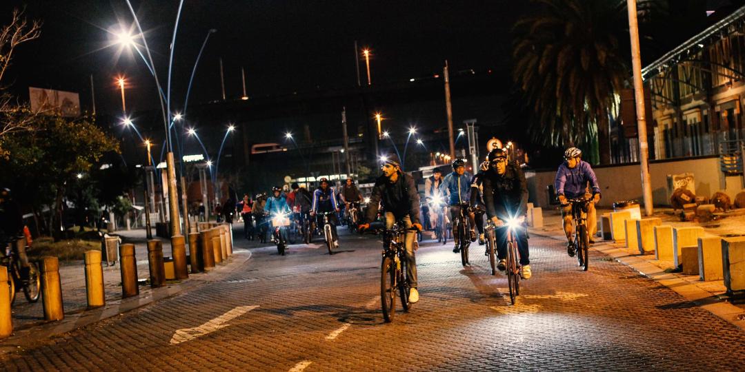 Cyclists on a night ride in Johannesburg central.