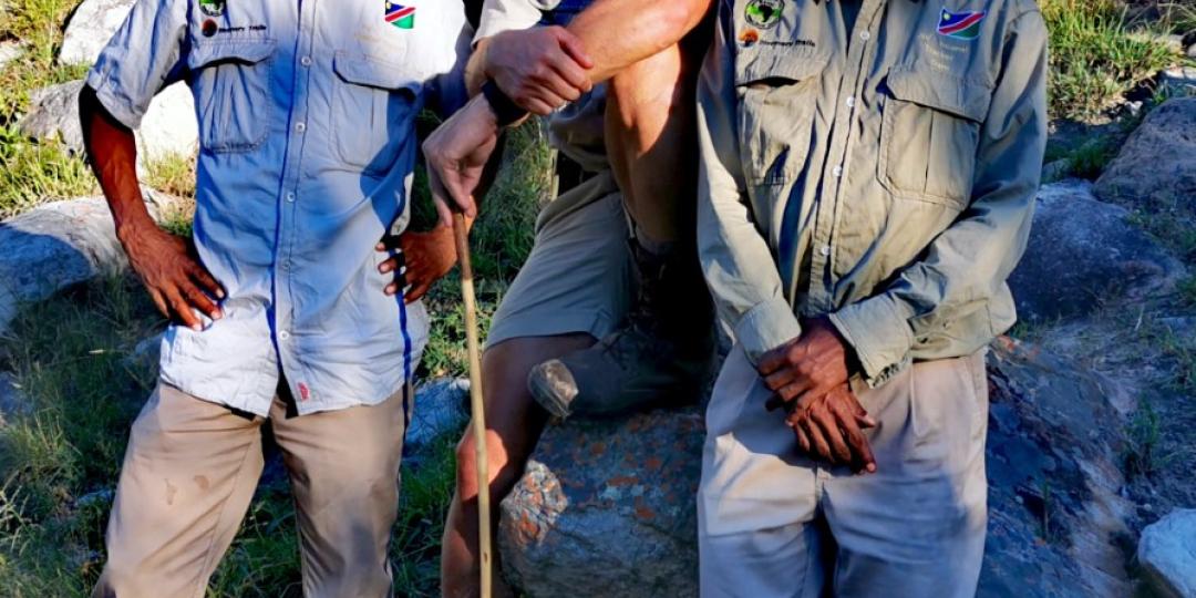 Renowned Ju/’hoansi trackers /ui- Kxunta (left) and Dam Debe with Shamwari ranger Andrew Kearney. 