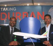 Mengistu Adelahu, Ethiopian Airlines’ Manager for Traffic and Sales for Durban, pictured with Perry Moodley, Project Manager for Durban Tourism.