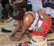 Village sangoma throwing the bones for visitors.